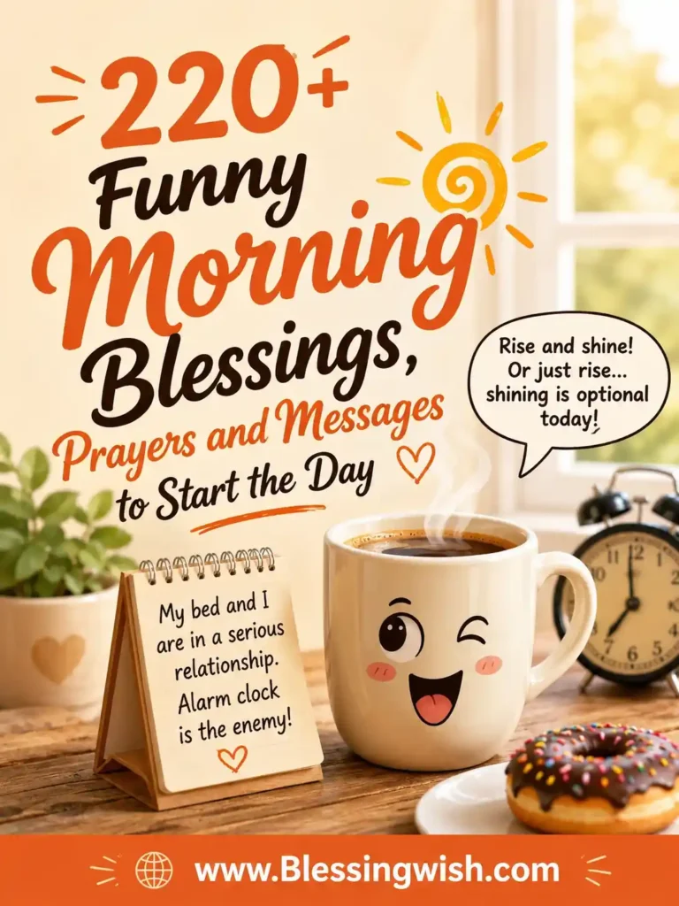 Funny morning blessings graphic with smiling coffee mug, donut, alarm clock, and uplifting prayers, messages, and warm sunrise theme.