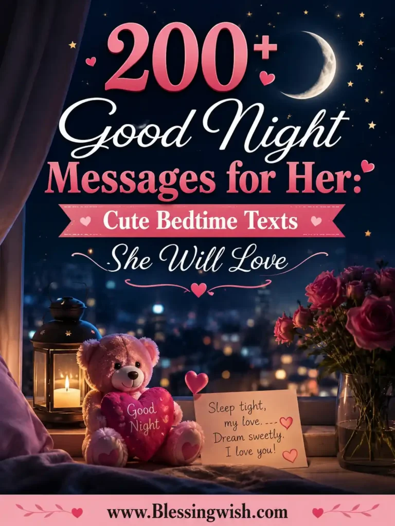 Romantic good night messages for her with moonlit bedroom, roses, teddy bear, and cute bedtime wishes for a loving good night.