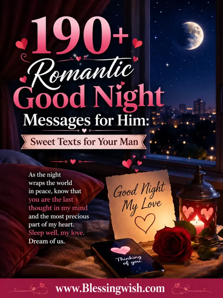 Romantic good night messages for him with moonlit hearts, cozy bedroom, love theme, and sweet texts to make your man smile.