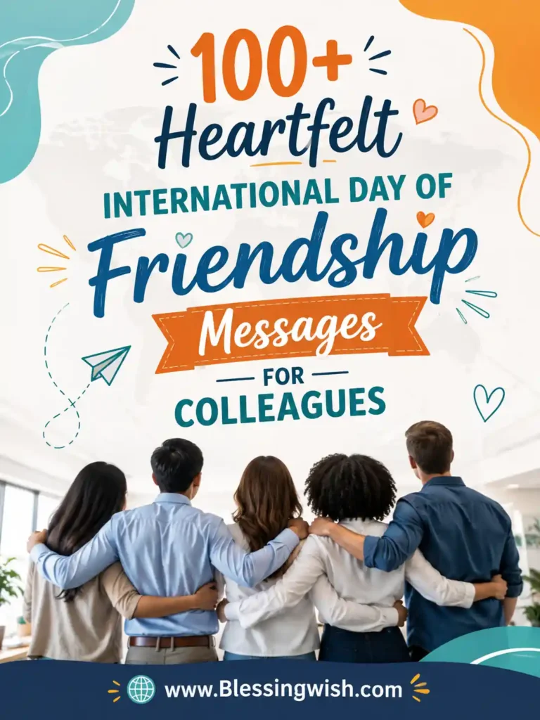 100+ Heartfelt International Day of Friendship Messages for Colleagues cover with diverse coworkers, colorful modern design, and friendship theme.