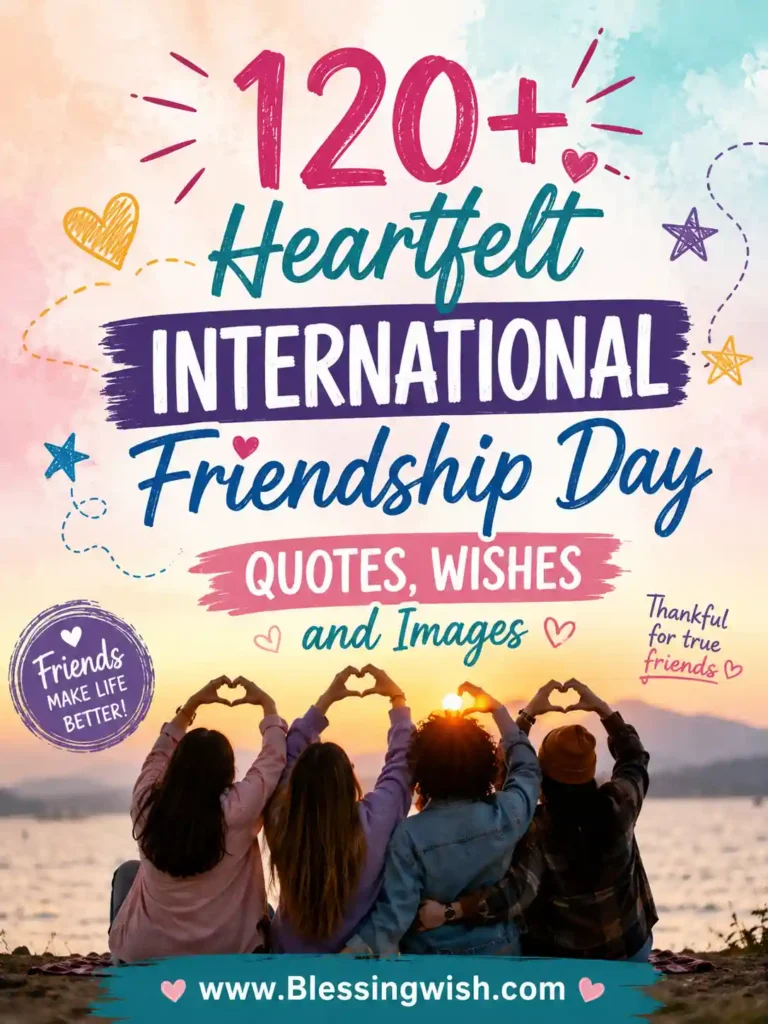 120+ Heartfelt International Friendship Day Quotes, Wishes and Images with friends at sunset and colorful typography by www.BlessingWish.com