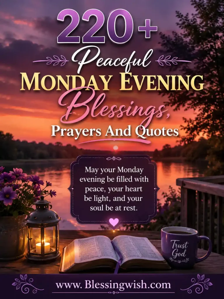 Peaceful Monday evening blessings image with sunset, Bible, lantern, prayers, quotes, and calming inspiration from BlessingWish.