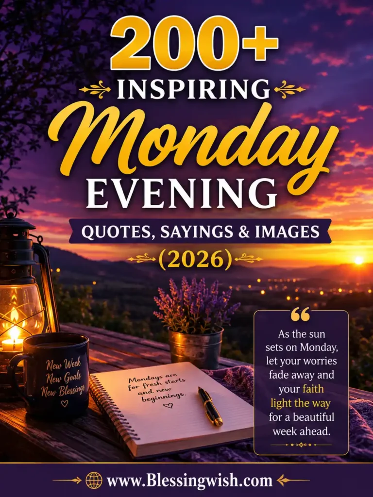 Inspiring Monday evening quotes and sayings with a peaceful sunset, cozy lantern, journal, and motivational message for 2026.