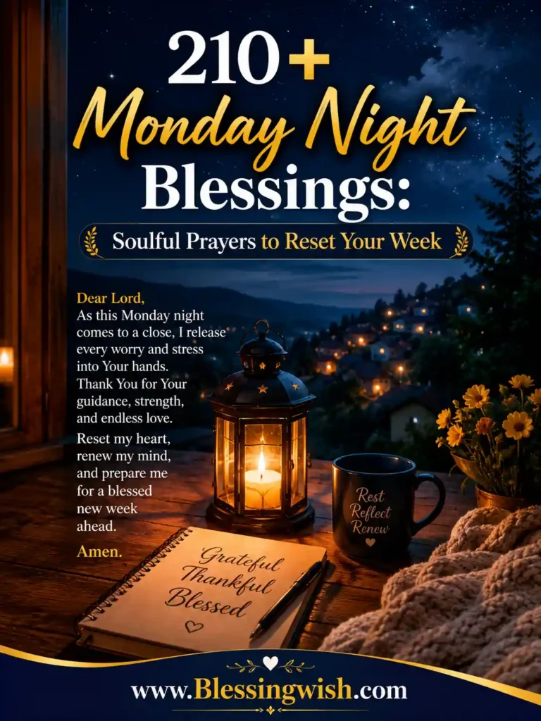 Peaceful Monday night blessings image with soulful prayer, glowing lantern, starry sky, and hope-filled message to reset your week.