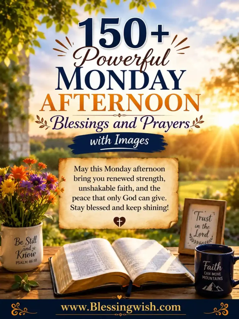 Powerful Monday afternoon blessings and prayers image with Bible, flowers, sunshine, and inspirational faith message for hope and peace.