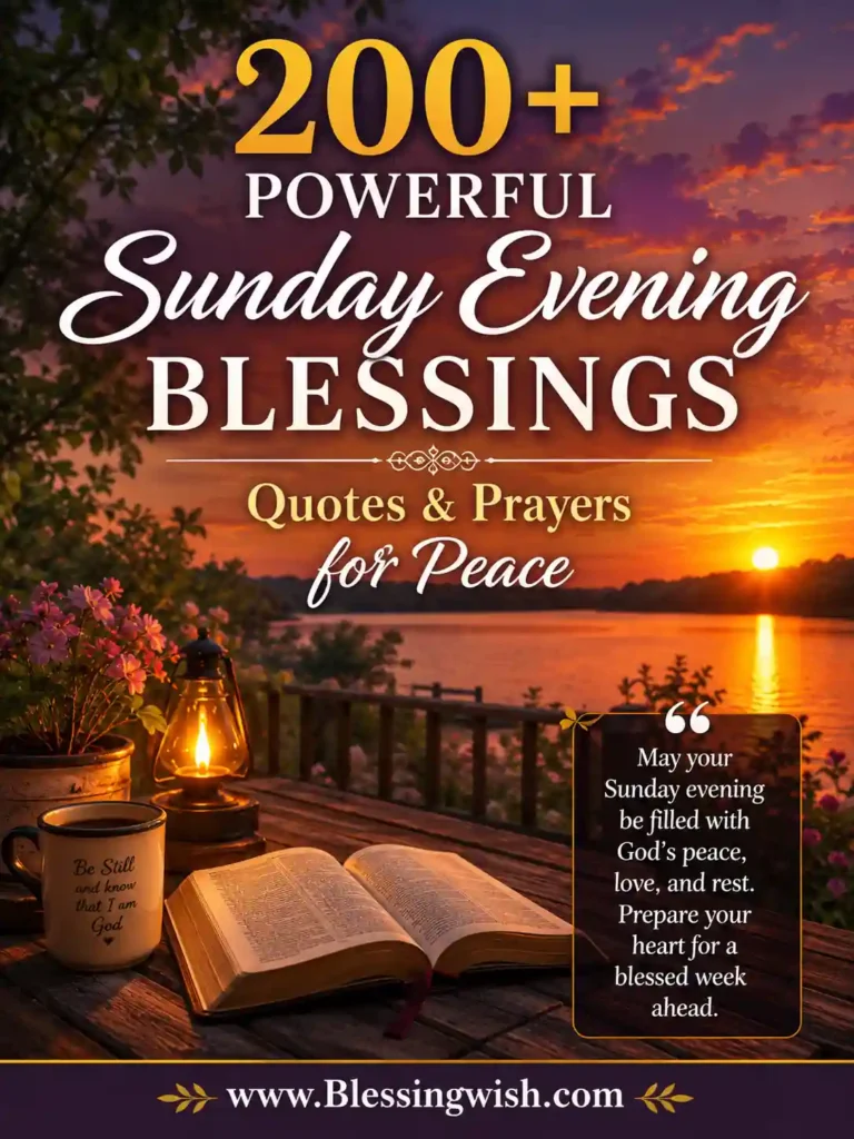 Powerful Sunday evening blessings image with sunset, Bible, peaceful lake, inspirational quotes, prayers, and BlessingWish branding.
