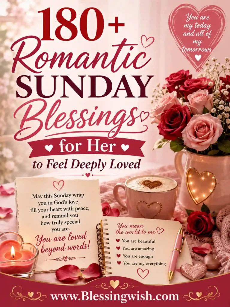 Romantic Sunday blessings for her featuring roses, candles, heartfelt wishes, elegant typography, and a warm love-inspired background.