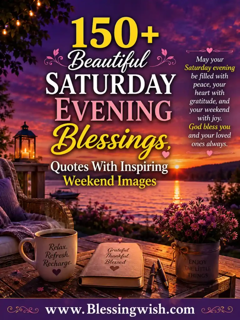 Beautiful Saturday evening blessings with sunset, inspiring weekend quotes, peaceful lake view, and faith-filled wishes for a relaxing weekend.