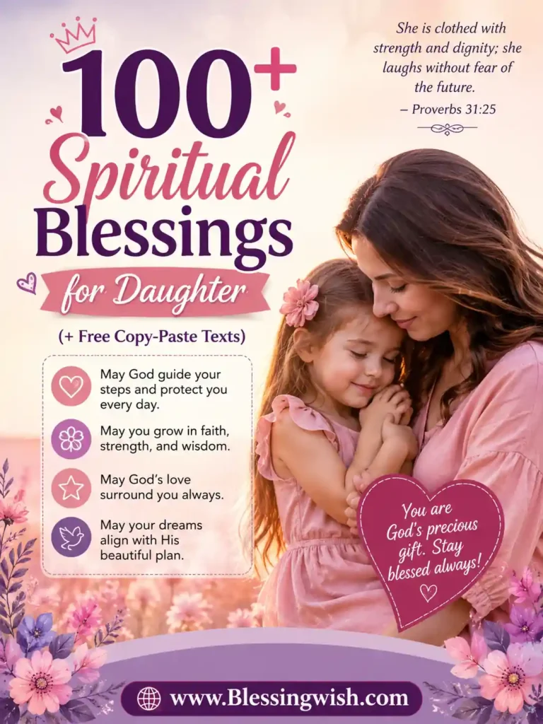 Spiritual blessings for daughter featuring heartfelt prayers, faith-filled wishes, loving mother and daughter, and inspirational Christian message.