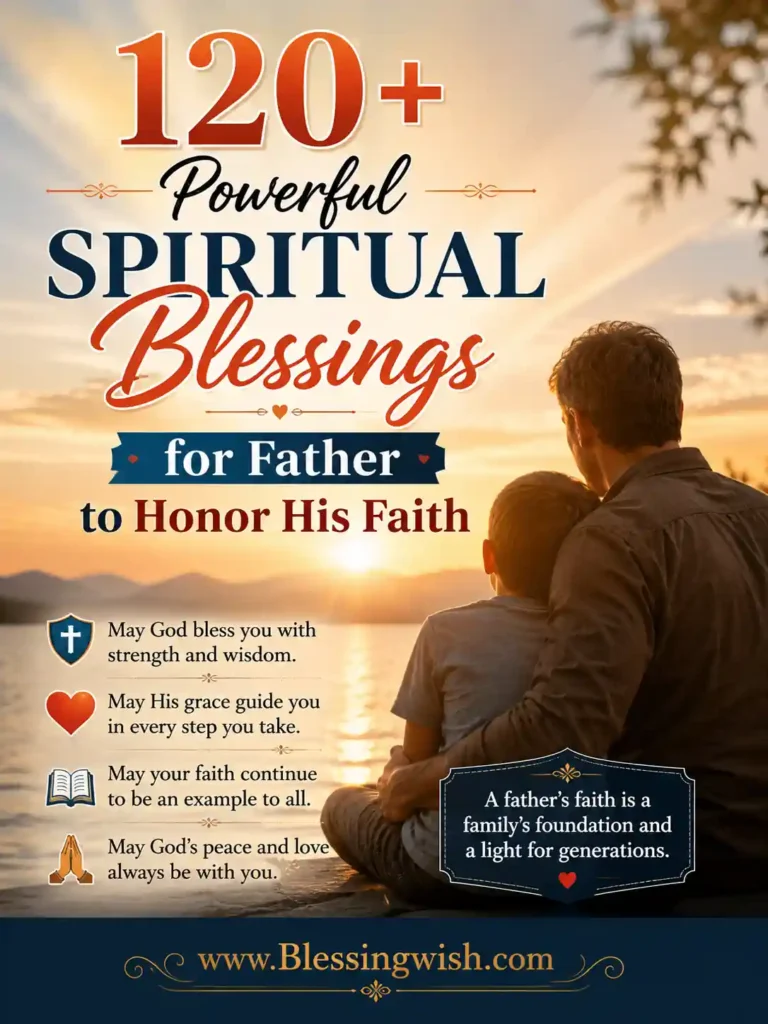 Father and child at sunrise with faith-inspired design for 120+ powerful spiritual blessings for fathers, prayers, and Christian encouragement.