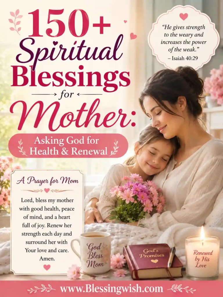 Mother and child embracing with spiritual blessings, prayer for health, renewal, faith, and God's love on a peaceful floral background.
