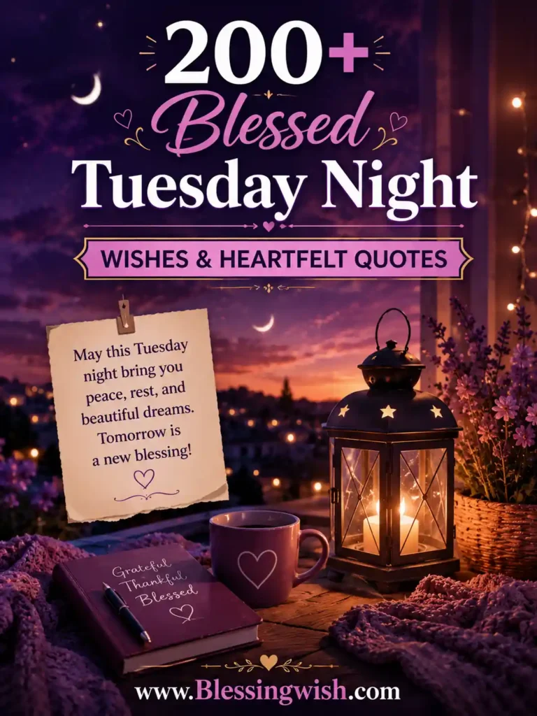 Blessed Tuesday night wishes and heartfelt quotes with a peaceful moonlit scene, glowing lantern, cozy decor, and inspiring evening blessings.