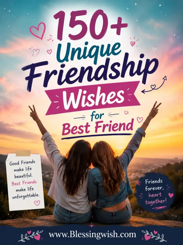 150+ Unique Friendship Wishes for Best Friend with two best friends at sunset, colorful typography, and www.BlessingWish.com footer.