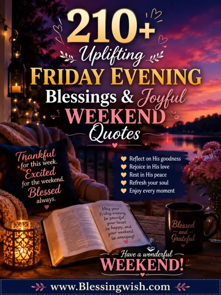 Uplifting Friday evening blessings image with a peaceful sunset, cozy porch, joyful weekend quotes, and faith-inspired typography.