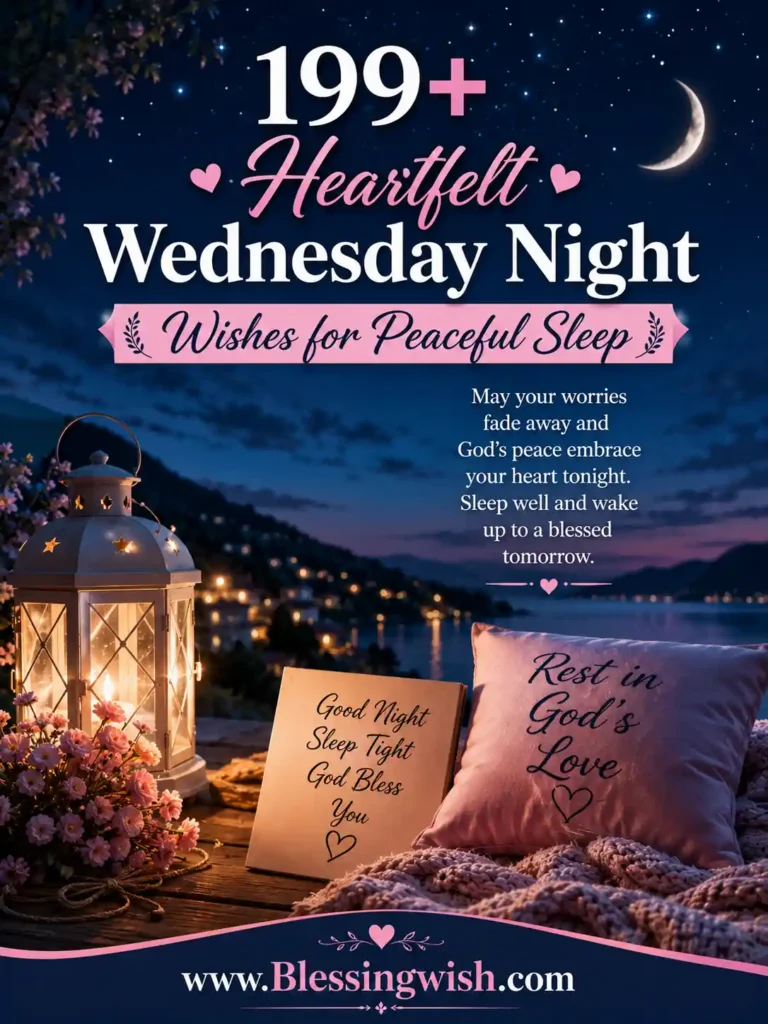 Heartfelt Wednesday night wishes with peaceful moonlit sky, cozy lantern, restful sleep prayer, and calming blessings for a serene night.