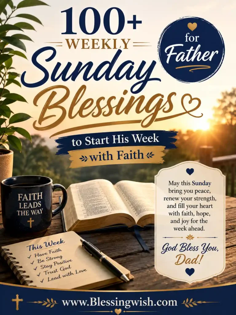 Weekly Sunday blessings for father with Bible, sunrise, faith journal, inspirational Christian message, and prayerful 3:4 design.