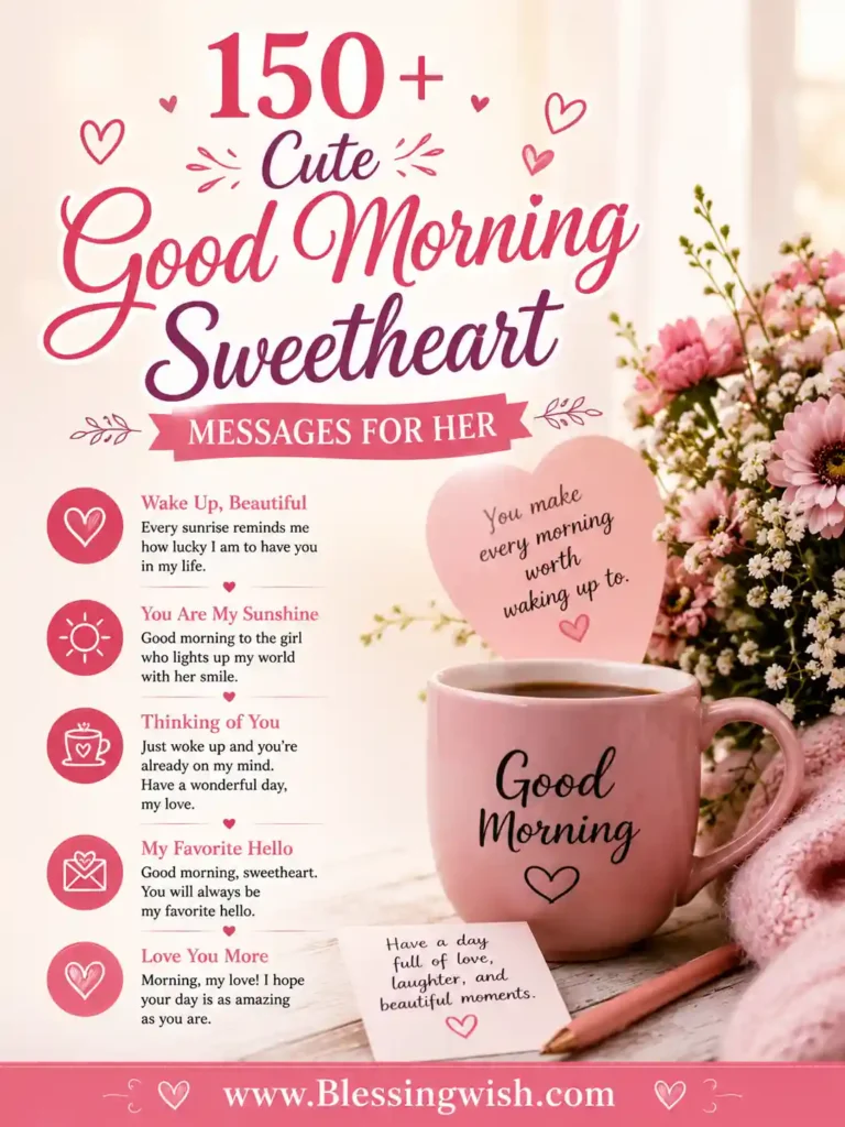 Cute good morning sweetheart messages for her with a romantic pink coffee theme, flowers, and hearts. BlessingWish.com.