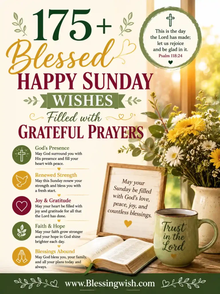Blessed Sunday wishes with grateful prayers, an open Bible, flowers, and warm golden light, featuring BlessingWish.com.