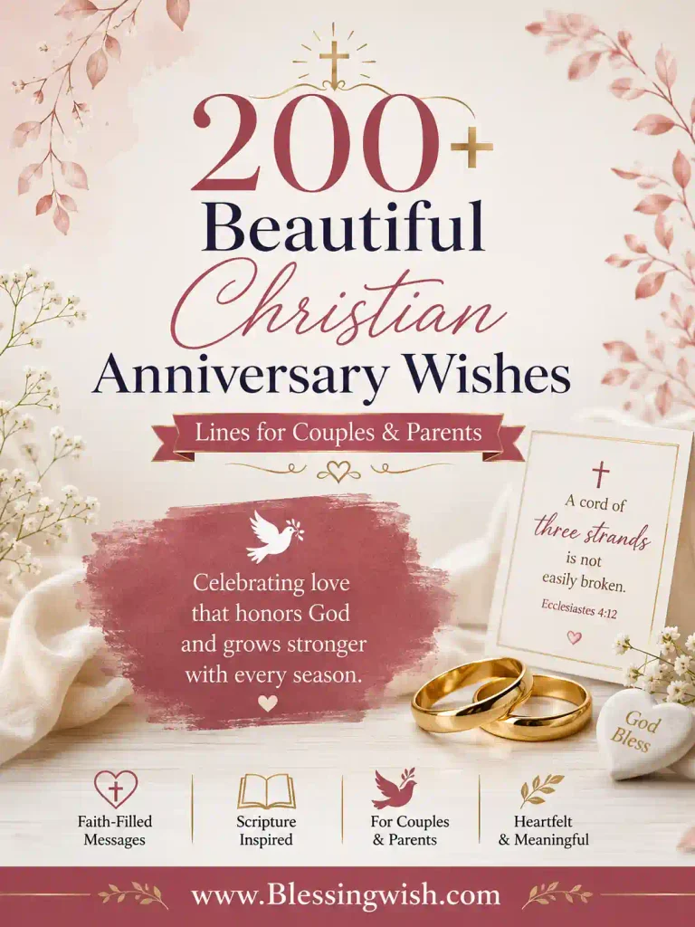 Beautiful Christian anniversary wishes with faith-inspired decor, wedding rings, flowers, a cross, and the BlessingWish.com footer.