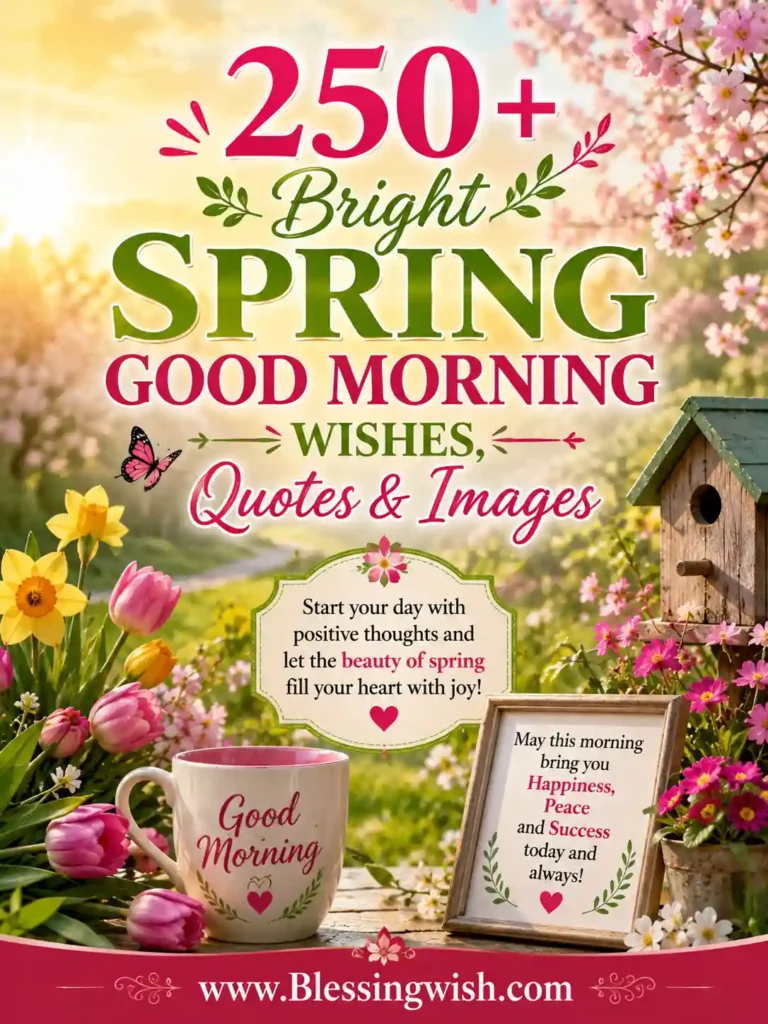250+ Bright Spring Good Morning Wishes, Quotes & Images with colorful flowers, sunshine, and cheerful spring morning décor.