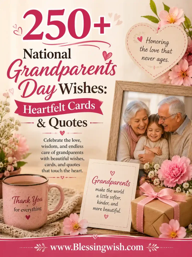 A mug, cards, flowers, and a gift box sit beside an older couple smiling together. Text reads, 250+ National Grandparents Day Wishes: Heartfelt Cards & Quotes with a website link, www.Blessingwish.com.