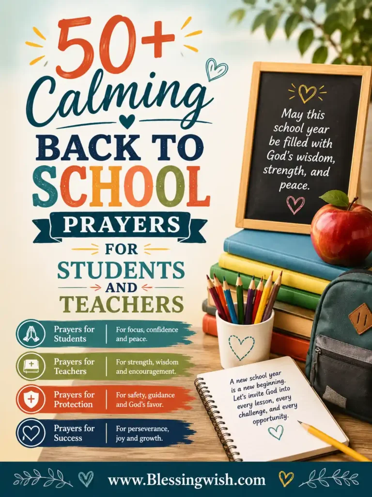 50+ calming back-to-school prayers for students and teachers with school supplies, books, and a faith-filled classroom theme.