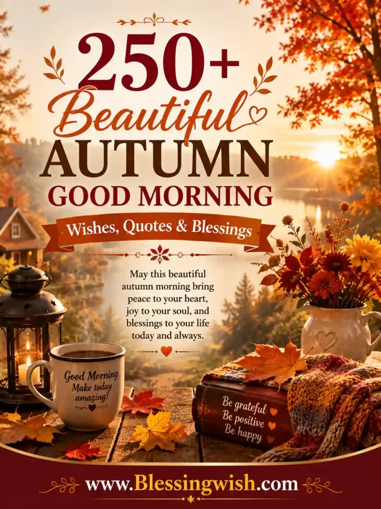 250+ beautiful autumn good morning wishes, quotes and blessings with colorful fall leaves, warm coffee, flowers, and a cozy sunrise.