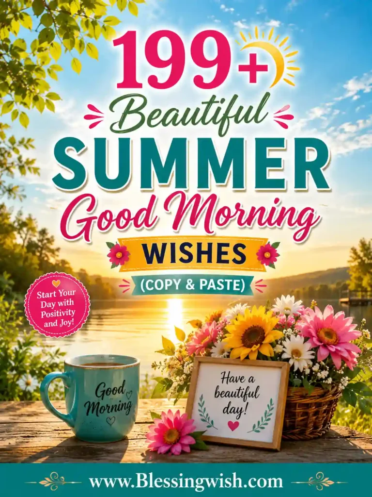 199+ Beautiful Summer Good Morning Wishes with cheerful sunrise, flowers, coffee, and copy-and-paste messages.