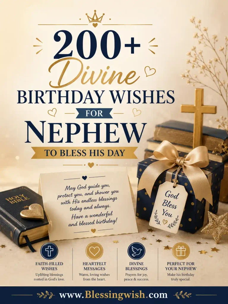 200+ divine birthday wishes for a nephew, featuring faith-inspired birthday blessings, a Bible, gift box, cross, and elegant gold and navy design.