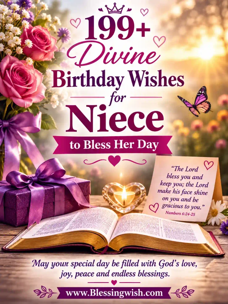 199+ Divine Birthday Wishes for Niece to Bless Her Day 199+ divine birthday wishes for a niece with flowers, gifts, Bible, candle, and blessings on a warm pastel background.