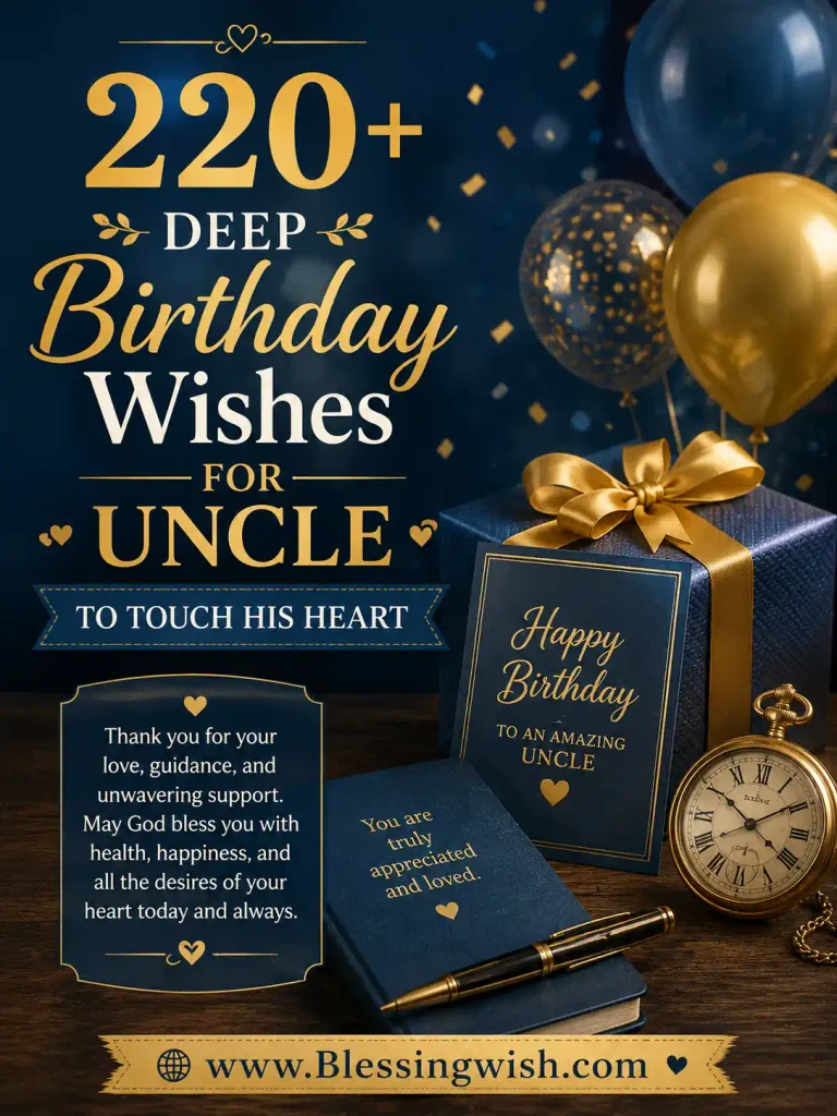 220+ deep birthday wishes for uncle to touch his heart, featuring elegant navy and gold birthday decorations.