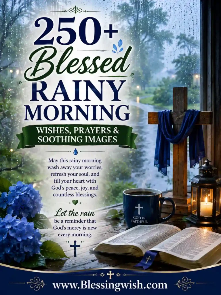 250+ Blessed Rainy Morning Wishes, Prayers & Soothing Images with peaceful rain, Bible, cross, lantern, and blue flowers.
