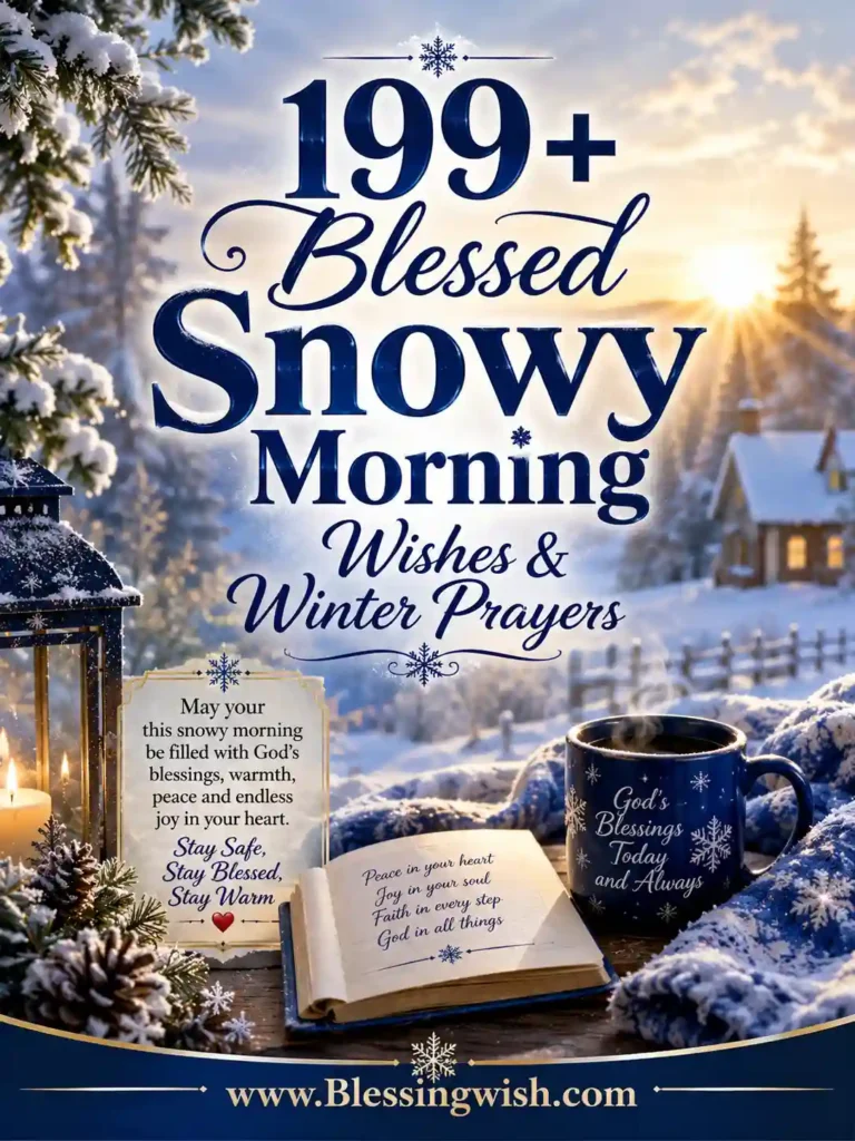 199+ Blessed Snowy Morning Wishes and Winter Prayers with a peaceful snowy landscape, warm sunrise, Bible, lantern, and cozy winter scene.