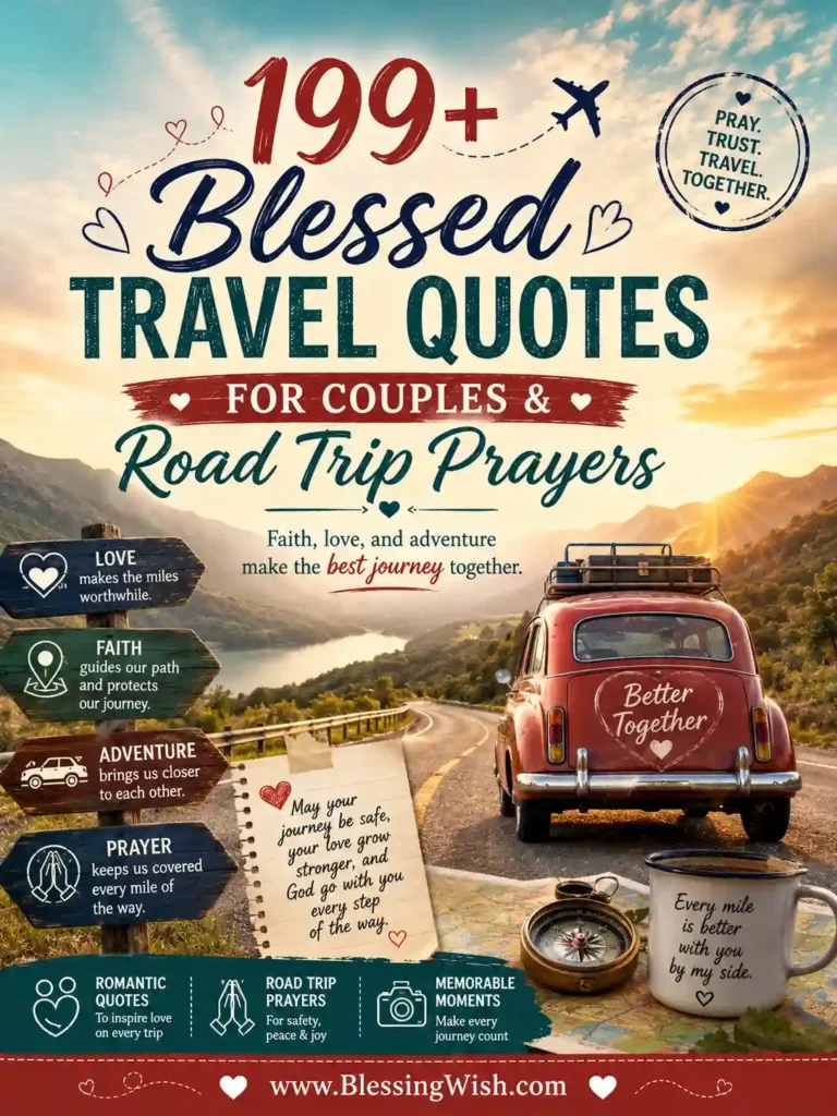 Created a fresh travel-inspired design with a romantic road-trip theme, mountain scenery, warm sunset colors, and www.BlessingWish.com in the footer.
