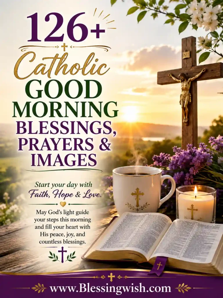 126+ Catholic Good Morning Blessings, Prayers & Images with sunrise, crucifix, Bible, flowers, candle, and coffee mug.