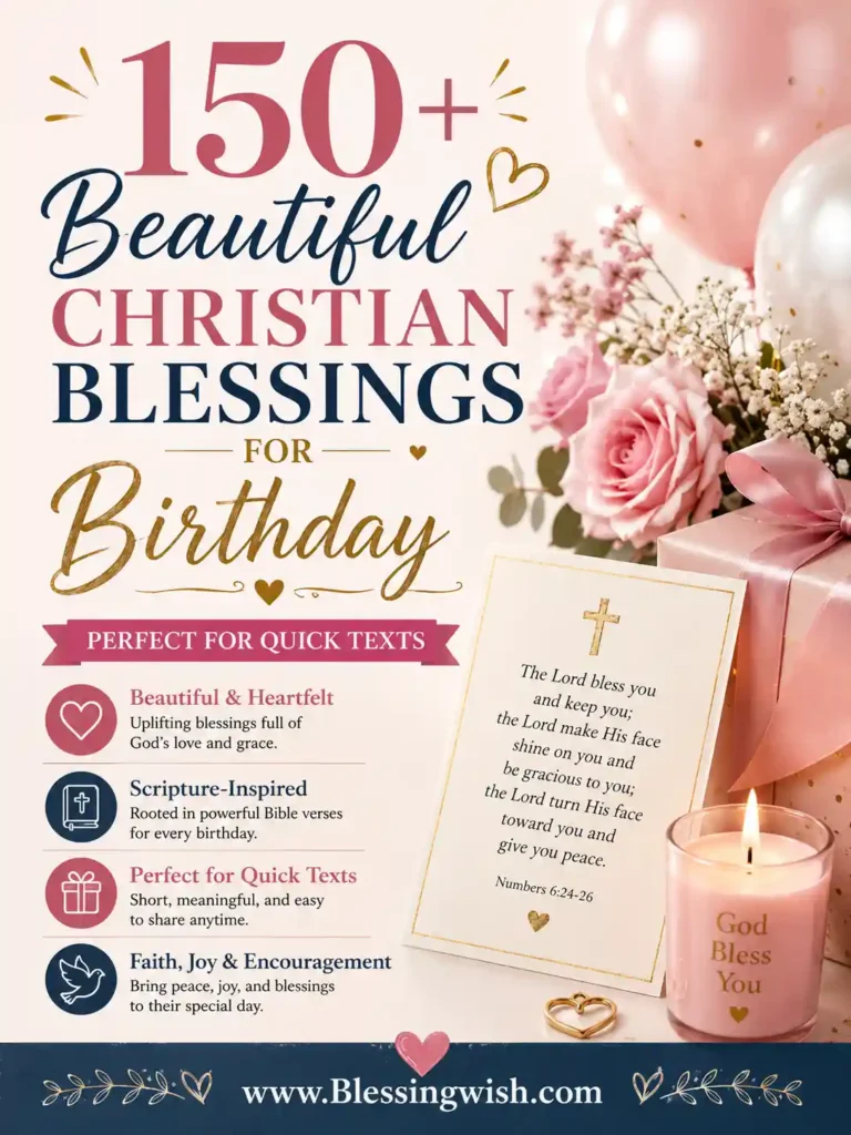 150+ beautiful Christian birthday blessings with flowers, gift, Bible verse card, candle, and BlessingWish.com footer.