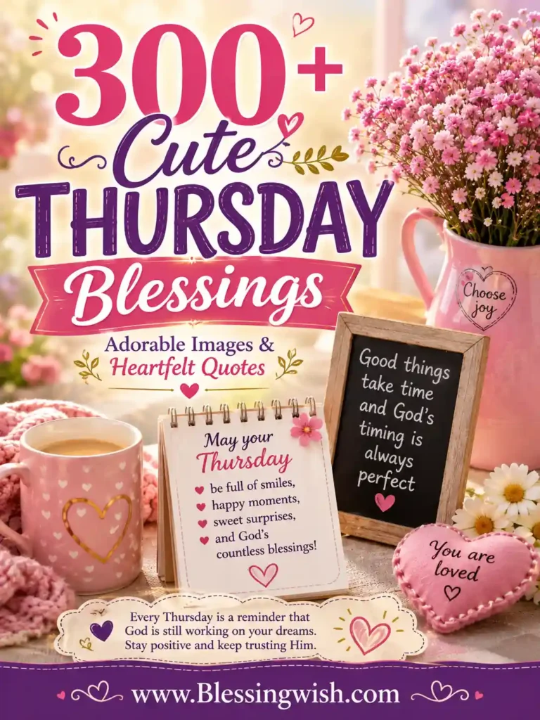 Cute Thursday Blessings poster with pink flowers, cozy decor, heartfelt quotes, and adorable inspirational Thursday wishes.