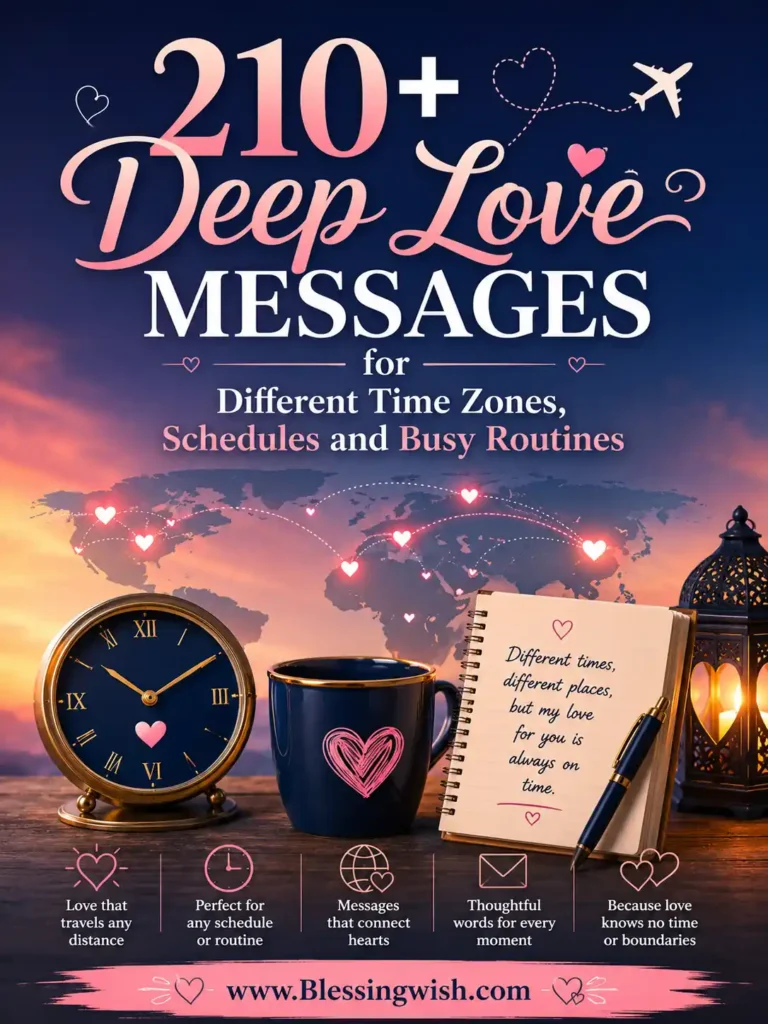 Romantic poster reading 210+ Deep Love Messages with a clock, mug, and lanterns at sunset. Includes pink hearts and text about love in different time zones. Website: www.Blessingwish.com.