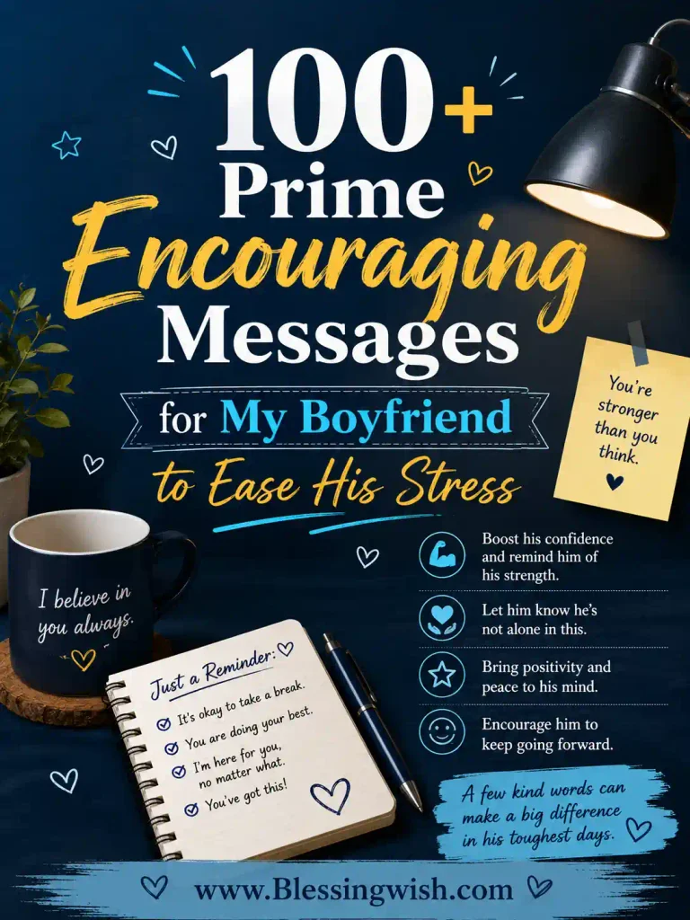 100+ encouraging messages for a boyfriend under stress, with supportive notes, a warm desk setting, and BlessingWish.com branding.