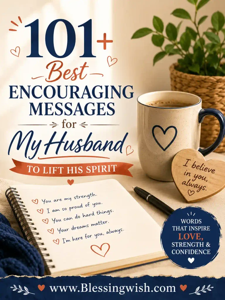 101+ encouraging messages for a husband to lift his spirit, with a cozy coffee, notebook, heart, and uplifting romantic design.