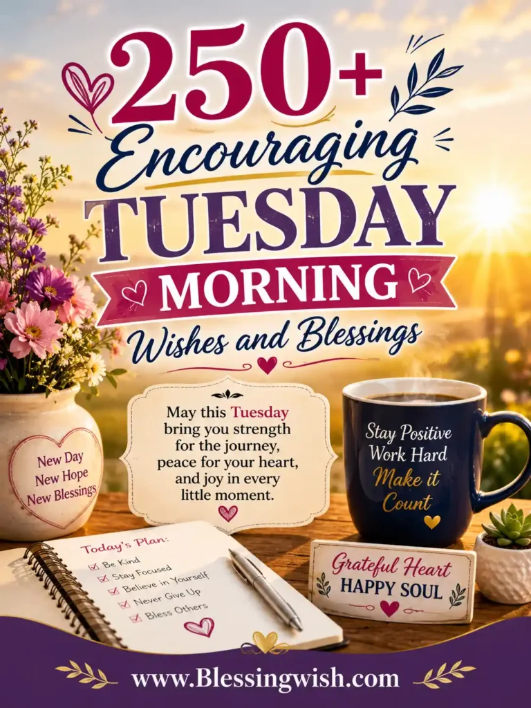 250+ Encouraging Tuesday Morning Wishes and Blessings with sunrise, coffee, flowers, uplifting quotes, and peaceful morning inspiration.