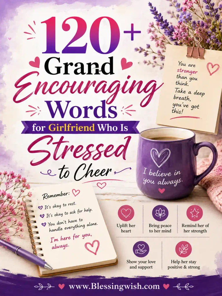 120+ encouraging words for a stressed girlfriend, featuring heartfelt messages to cheer her up, with a cozy, uplifting design.