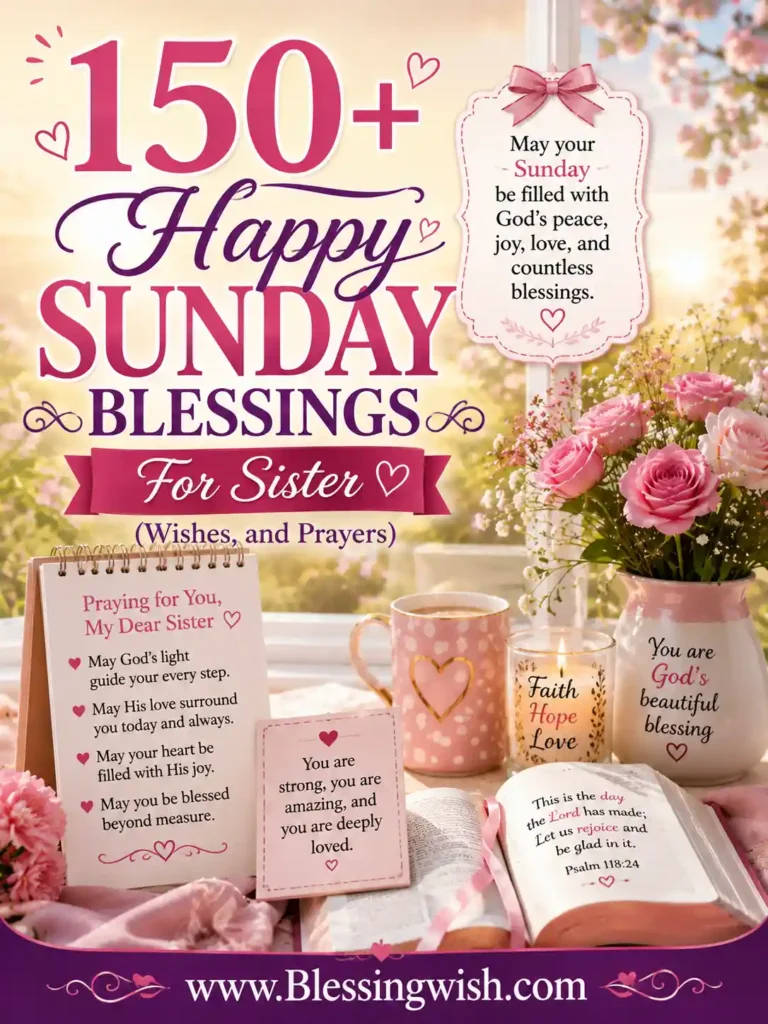 Happy Sunday Blessings for Sister image with pink flowers, Bible, prayers, wishes, and uplifting Christian message for love and faith.