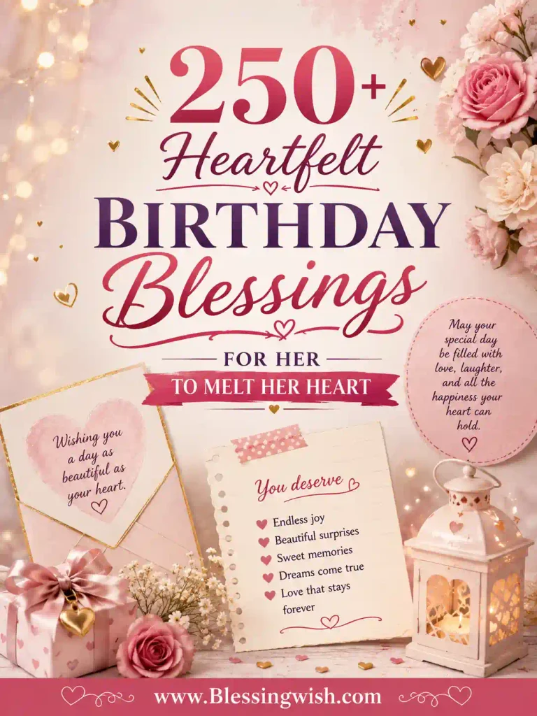 250+ Heartfelt Birthday Blessings for Her to Melt Her Heart 250+ heartfelt birthday blessings for her with romantic flowers, gifts, hearts, and a warm feminine design.