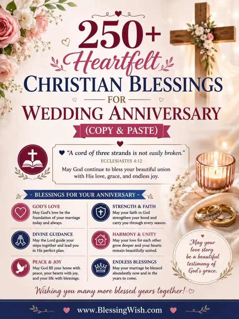 250+ heartfelt Christian blessings for wedding anniversaries with Bible verses, prayers, roses, wedding rings, and a cross.