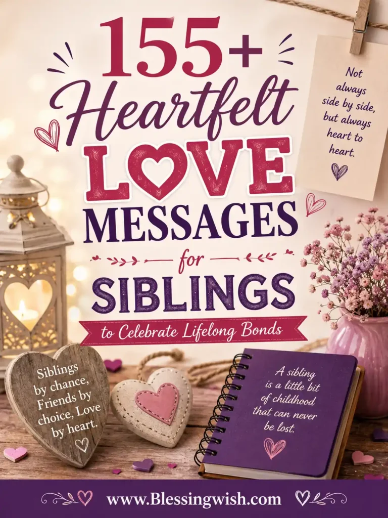155+ Heartfelt Love Messages for Siblings to Celebrate Lifelong Bonds A decorative image with text: 155+ Heartfelt Love Messages for Siblings to Celebrate Lifelong Bonds. Features candles, a notebook, hearts, and quotes about siblings. Website: www.Blessingwish.com.