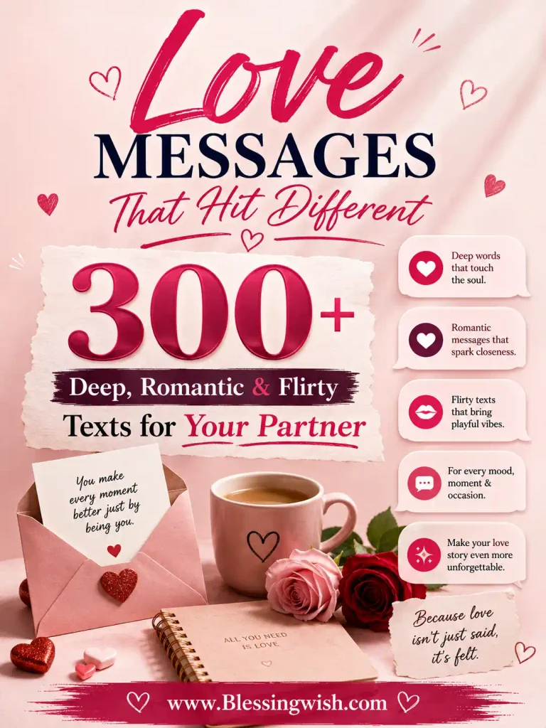 Love Messages That Hit Different: 300+ Deep, Romantic & Flirty Texts for Your Partner Romantic love messages poster featuring 300+ deep, romantic, and flirty texts for your partner, with hearts, roses, and a soft pink background.