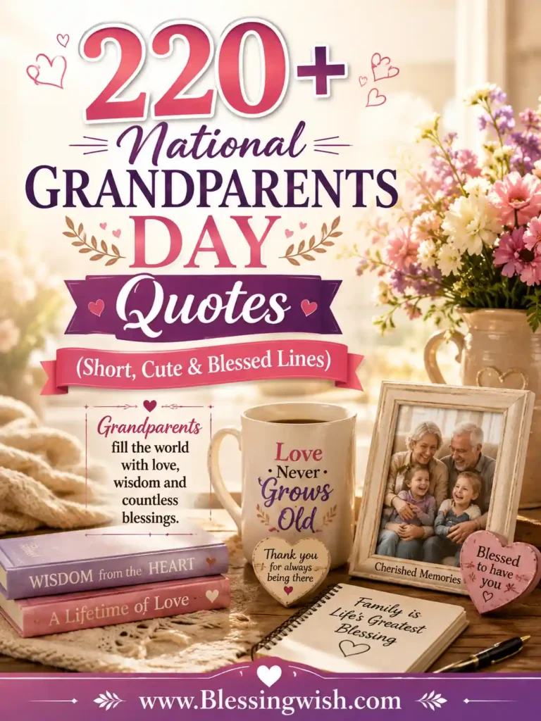 220+ National Grandparents Day Quotes with short, cute and blessed lines in a warm floral design featuring books, coffee and family memories.