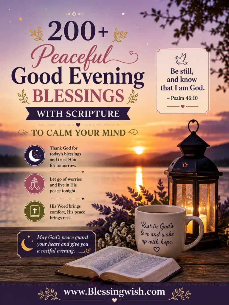Peaceful good evening blessings with Scripture, a sunset lake, open Bible, lantern, flowers, and calming faith messages.