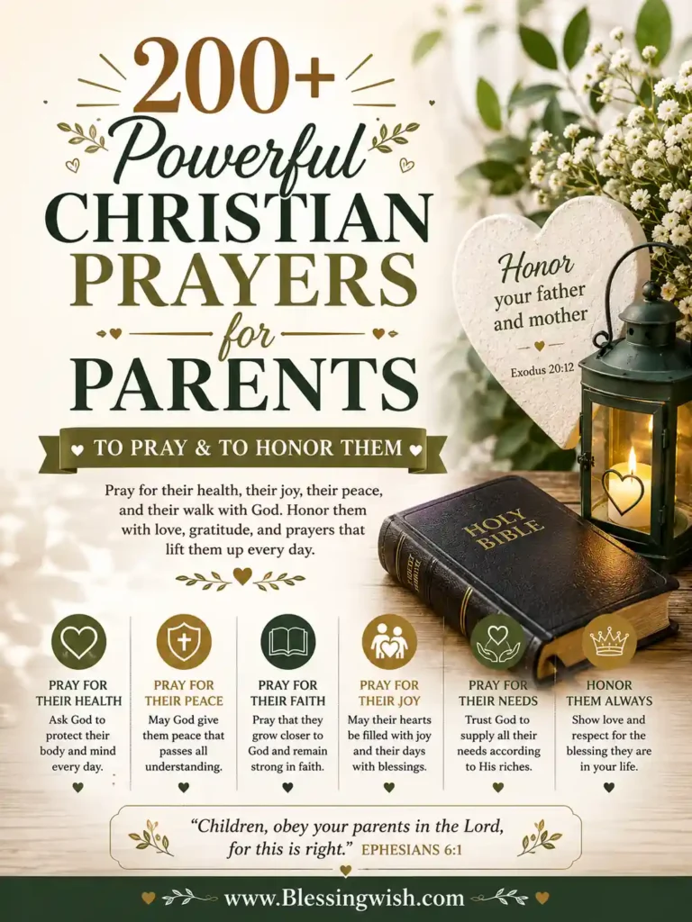 200+ powerful Christian prayers for parents, featuring a Bible, heart, lantern, and faith-inspired decorations.